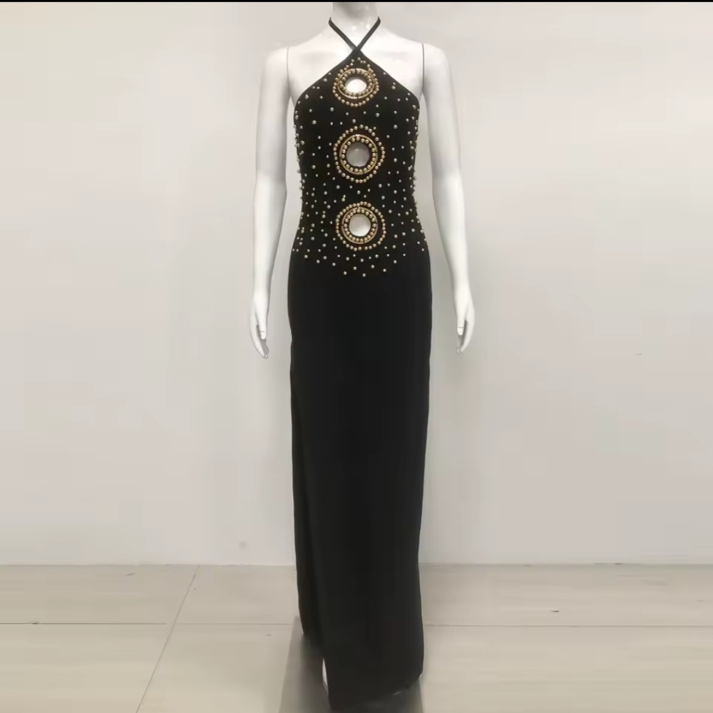 Black Color Women Sexy Halter Off the Shoulder GoldenBeading Bodycon Bandage - Picture 5 of 7